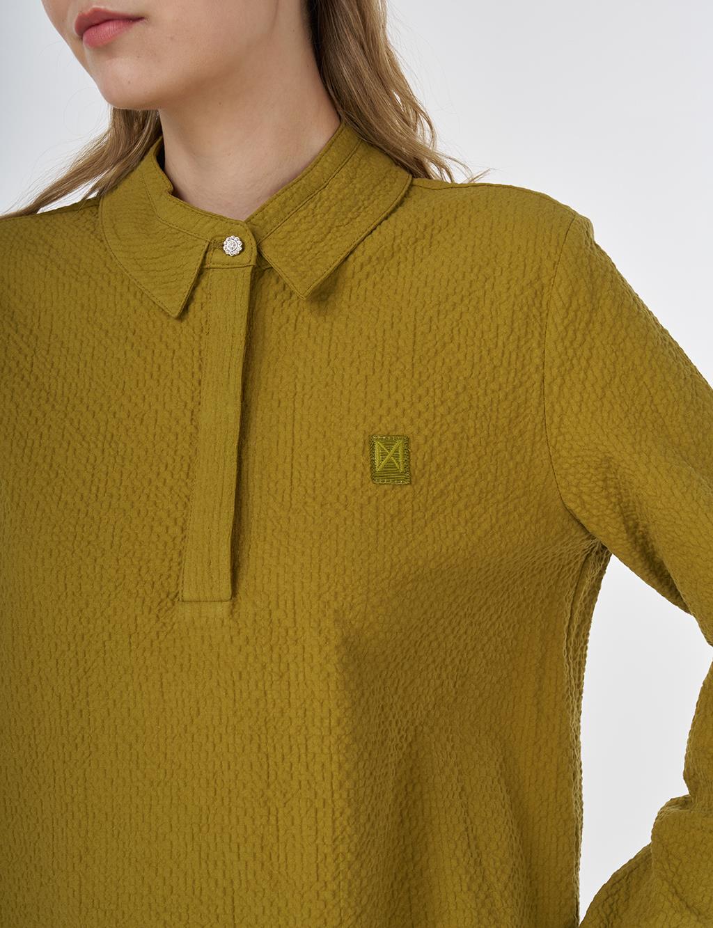 Mandarin Collar Seersucker Blouse Khaki