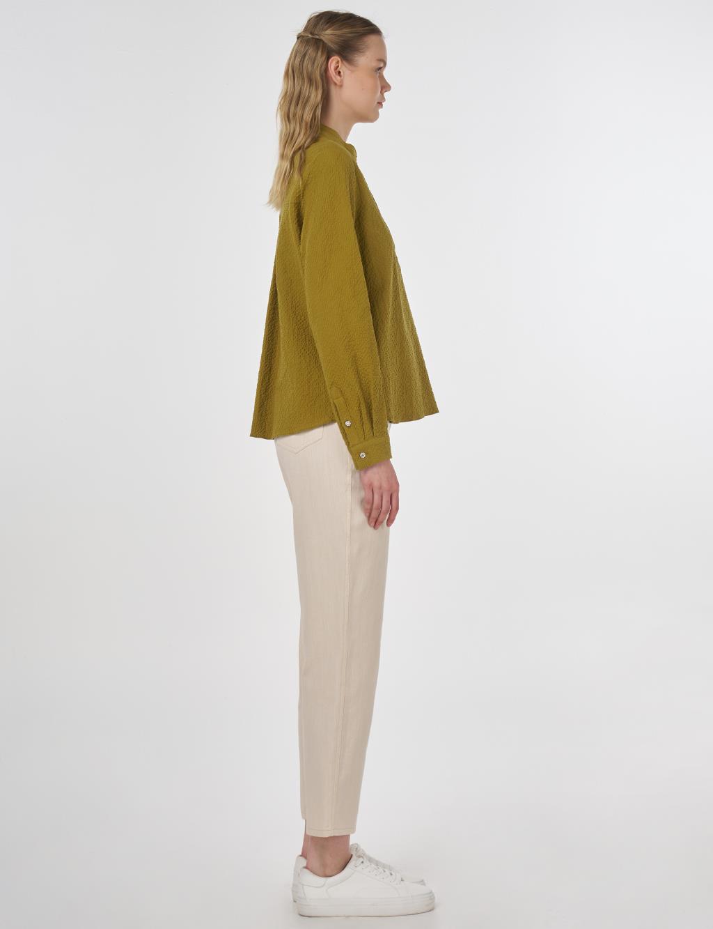 Mandarin Collar Seersucker Blouse Khaki