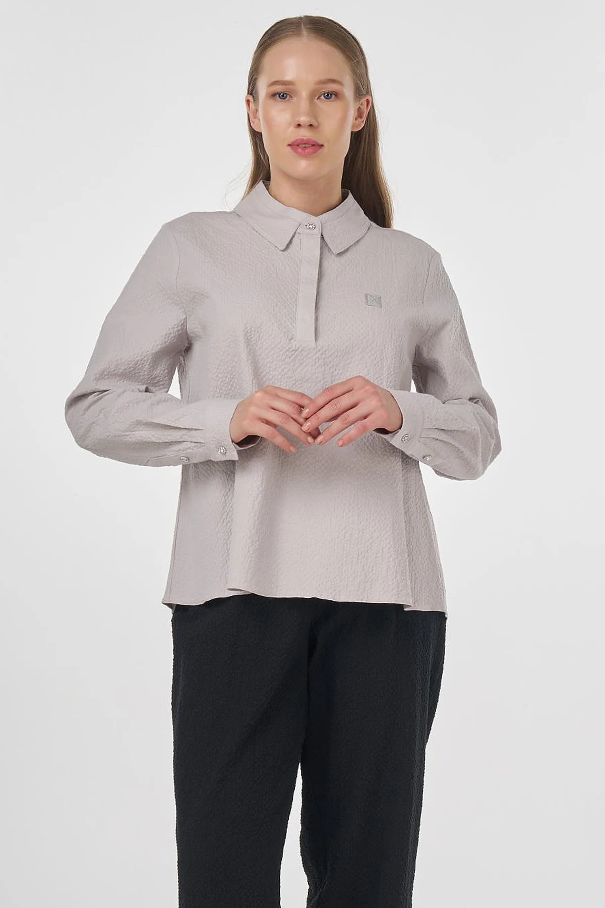 Mandarin Collar Seersucker Blouse Light Grey