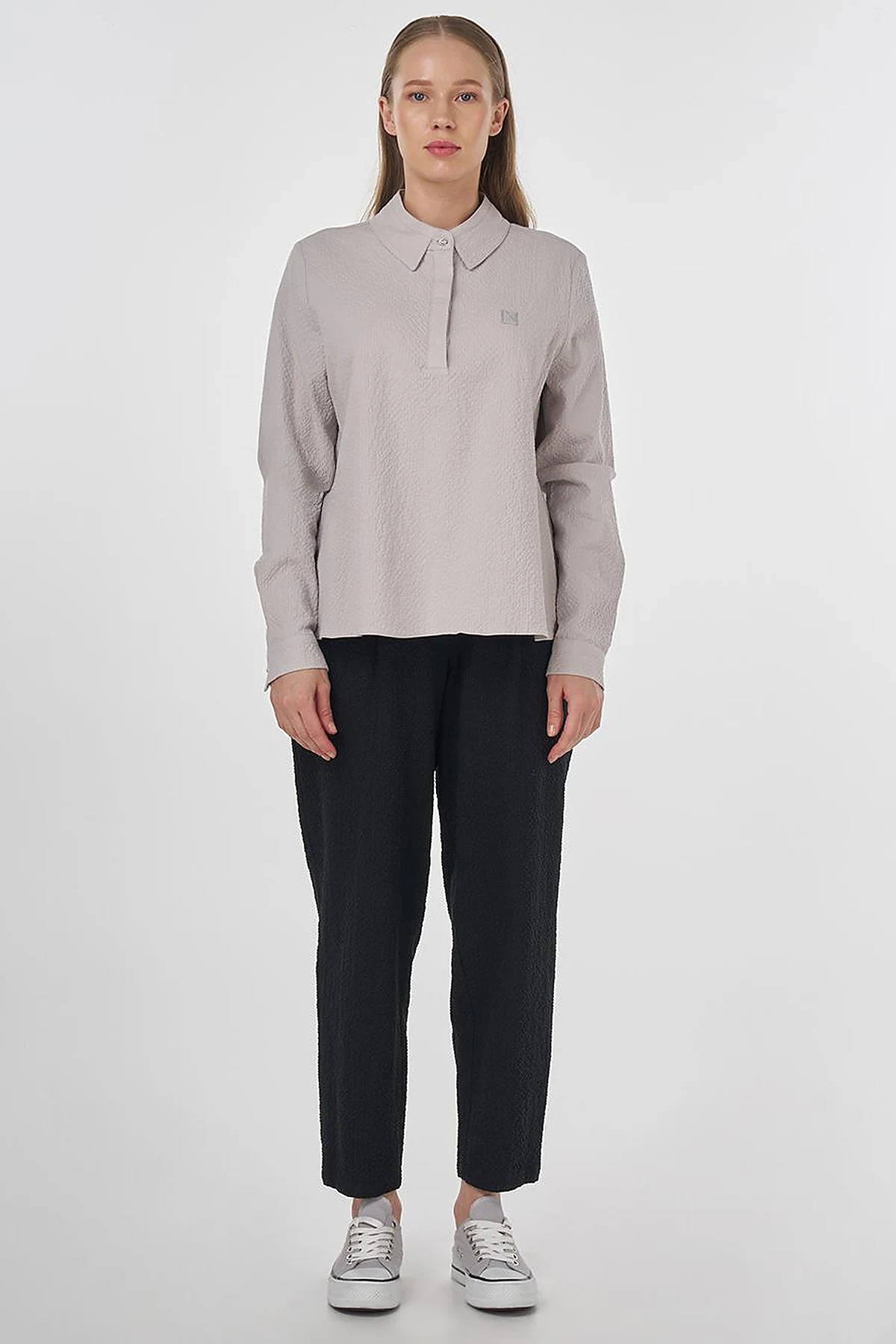 Mandarin Collar Seersucker Blouse Light Grey
