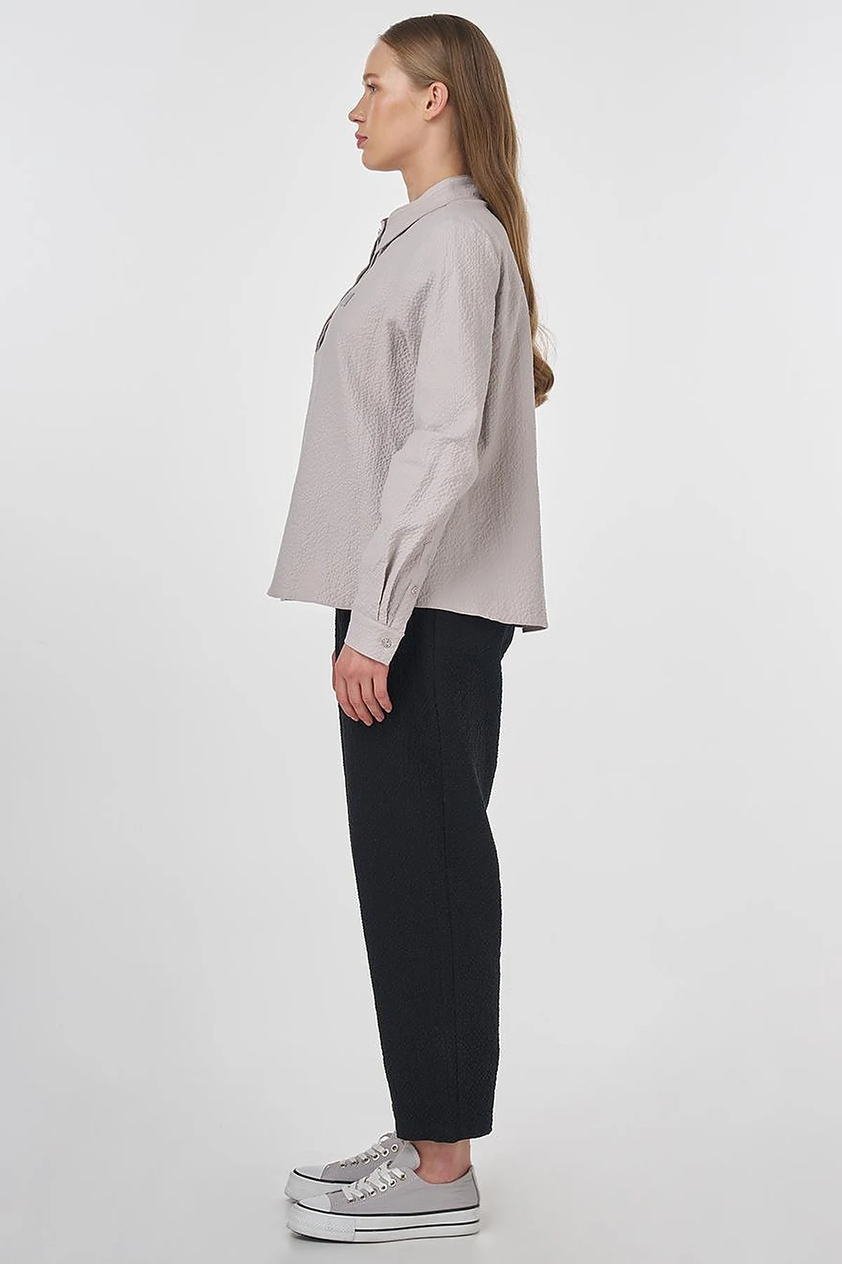 Mandarin Collar Seersucker Blouse Light Grey