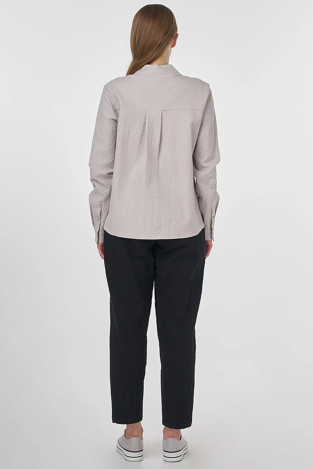 Mandarin Collar Seersucker Blouse Light Grey