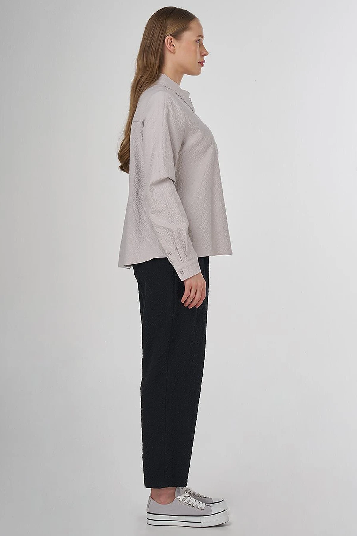 Mandarin Collar Seersucker Blouse Light Grey