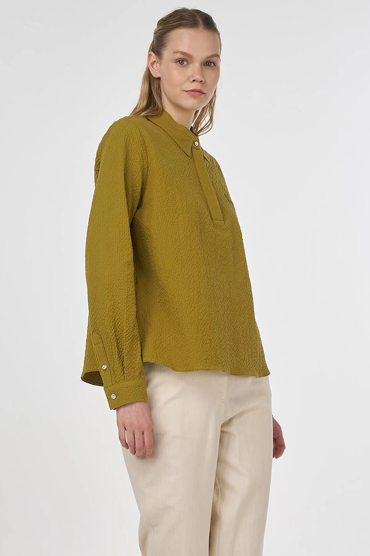 Mandarin Collar Seersucker Blouse Khaki