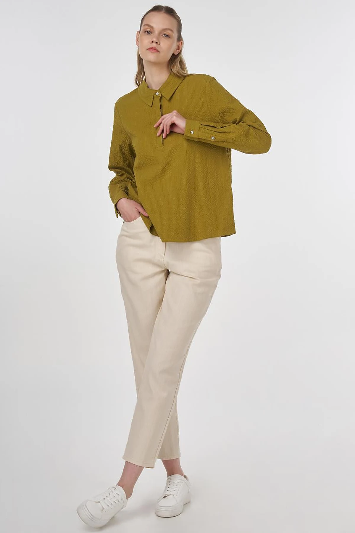 Mandarin Collar Seersucker Blouse Khaki
