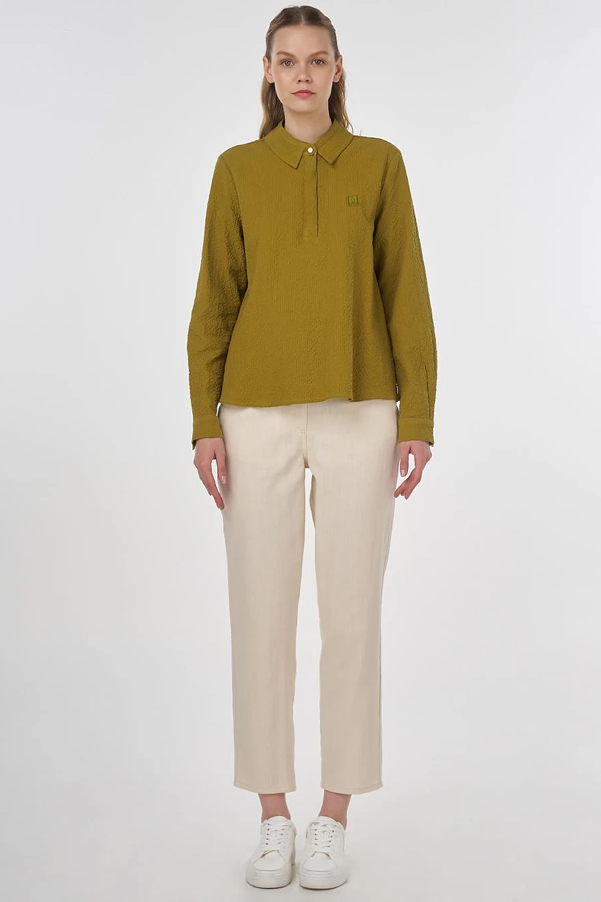 Mandarin Collar Seersucker Blouse Khaki