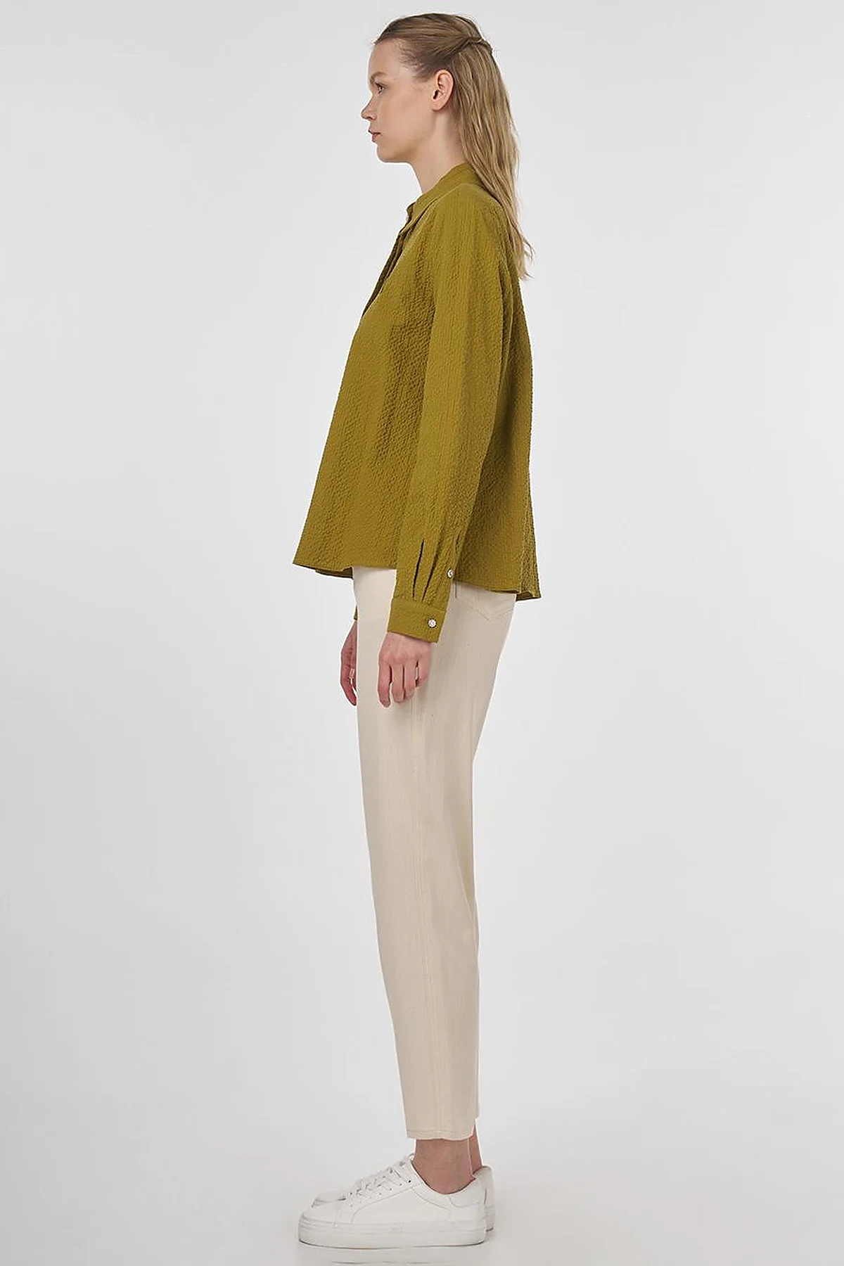 Mandarin Collar Seersucker Blouse Khaki