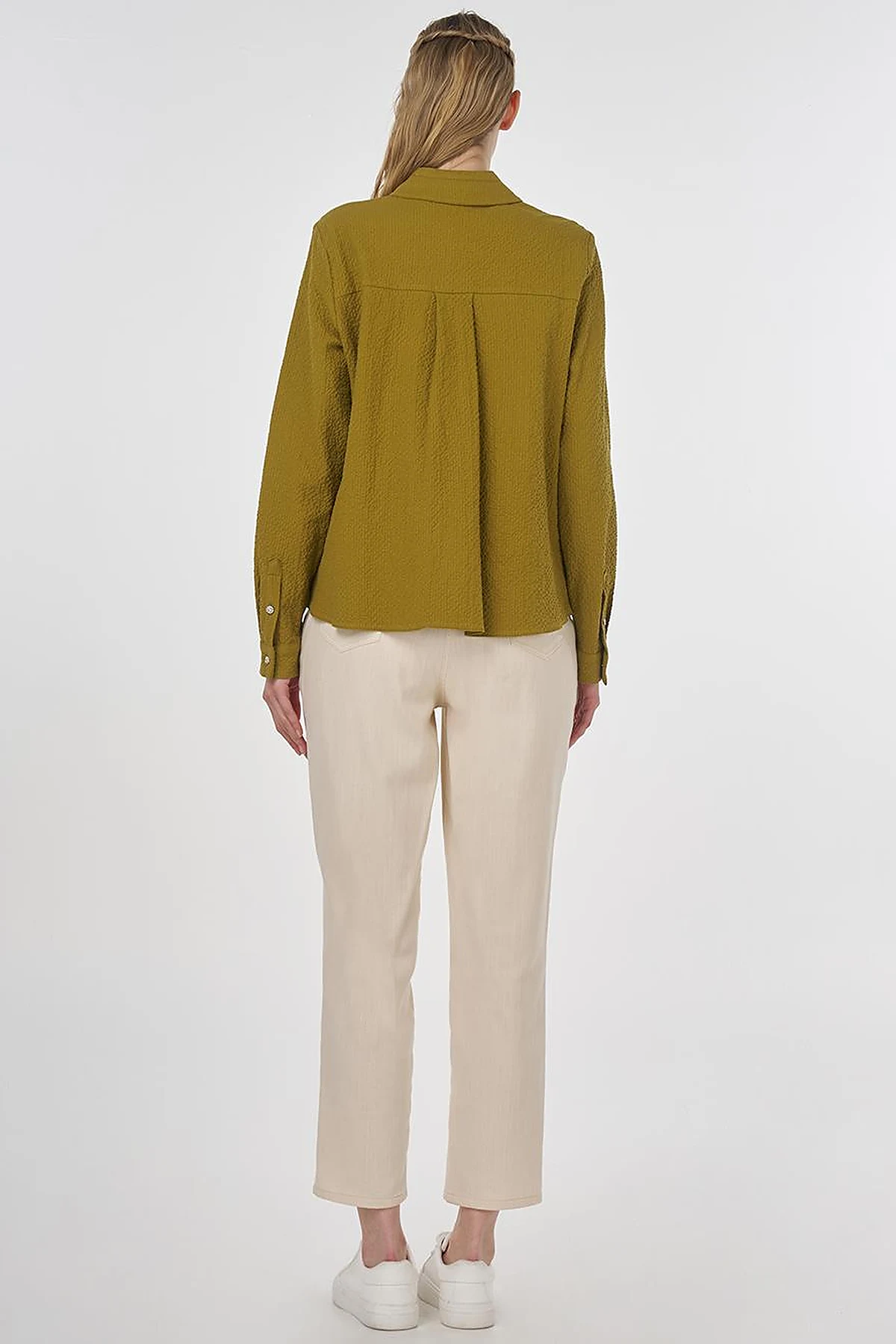 Mandarin Collar Seersucker Blouse Khaki