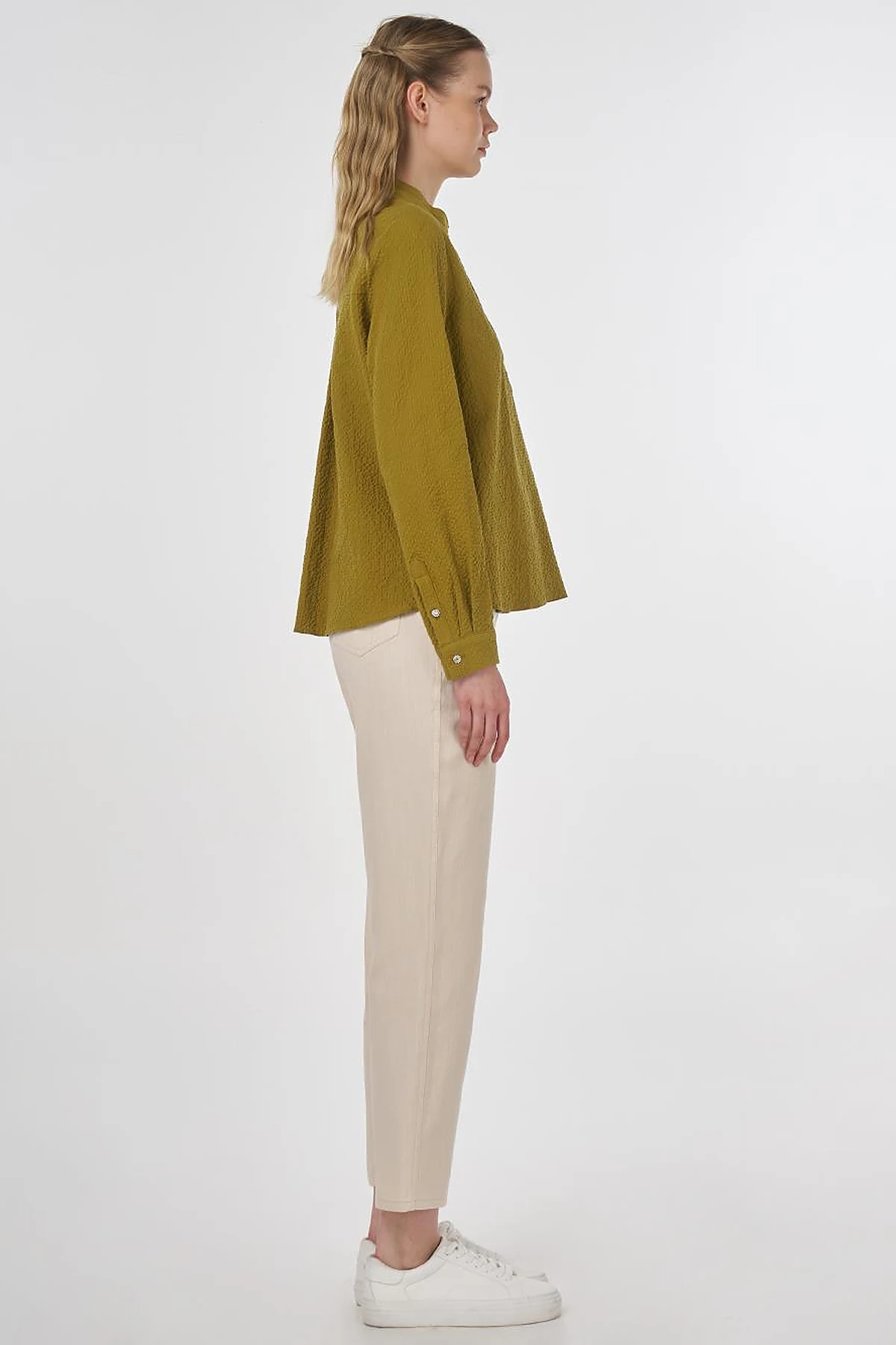 Mandarin Collar Seersucker Blouse Khaki