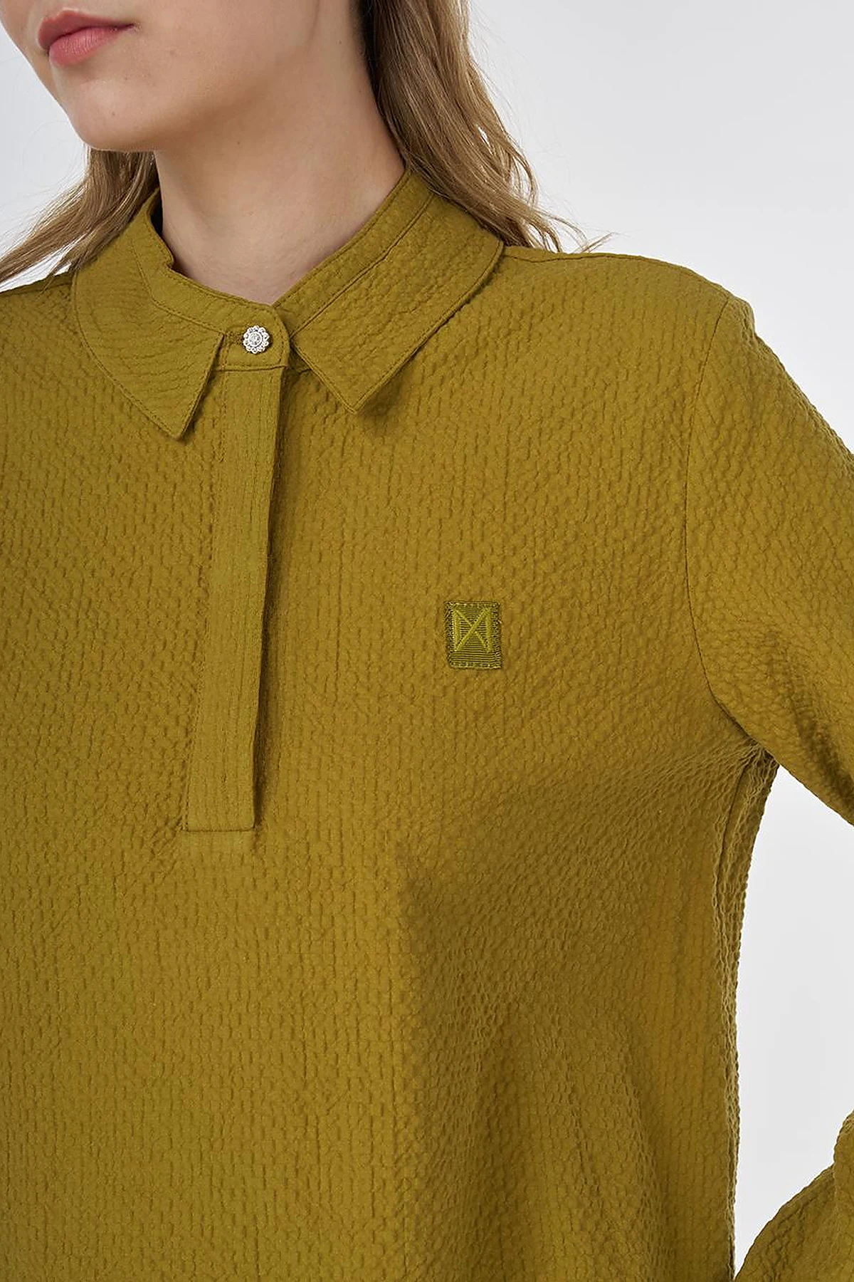 Mandarin Collar Seersucker Blouse Khaki