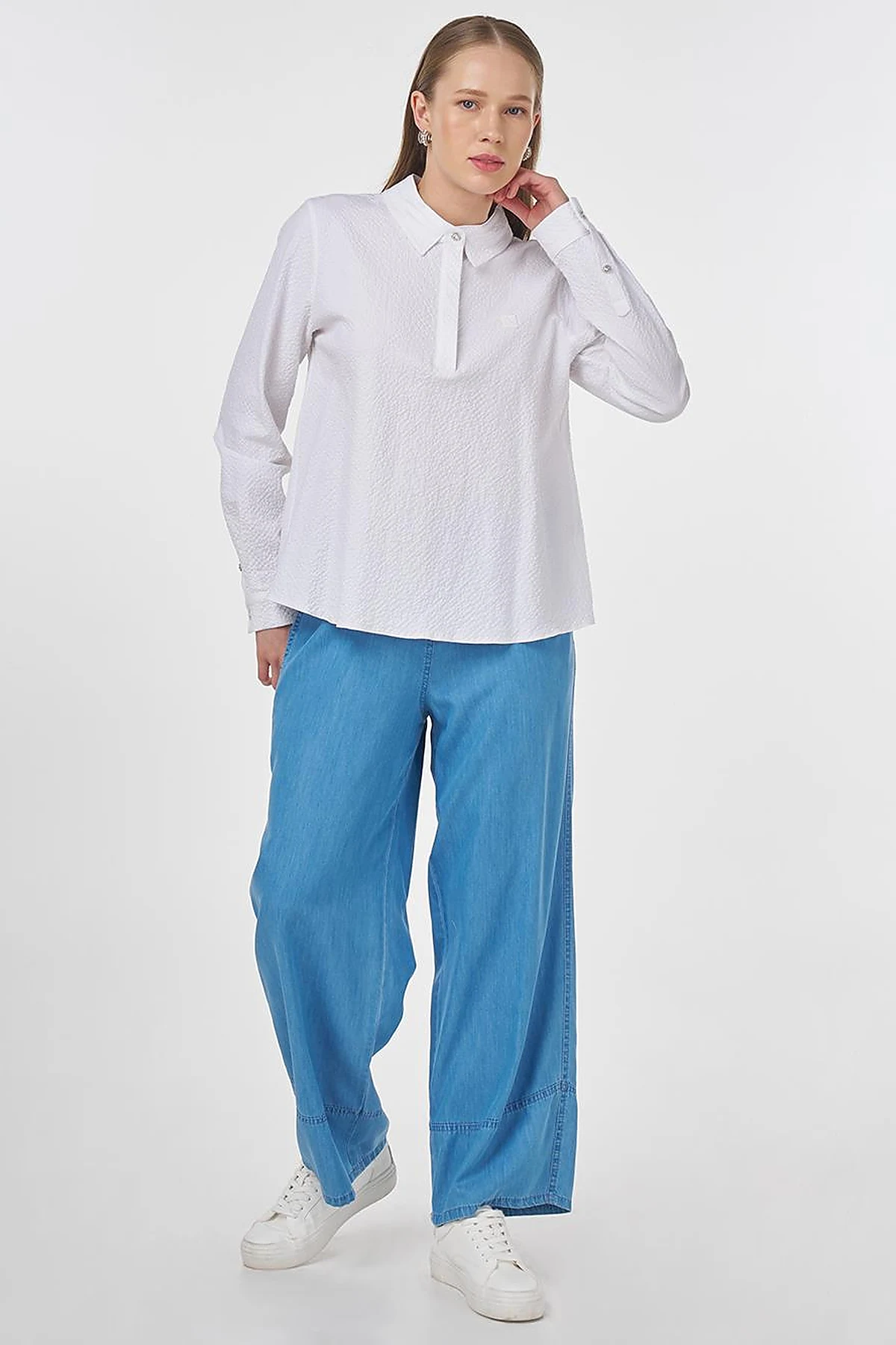 Mandarin Collar Seersucker Blouse Optic White 