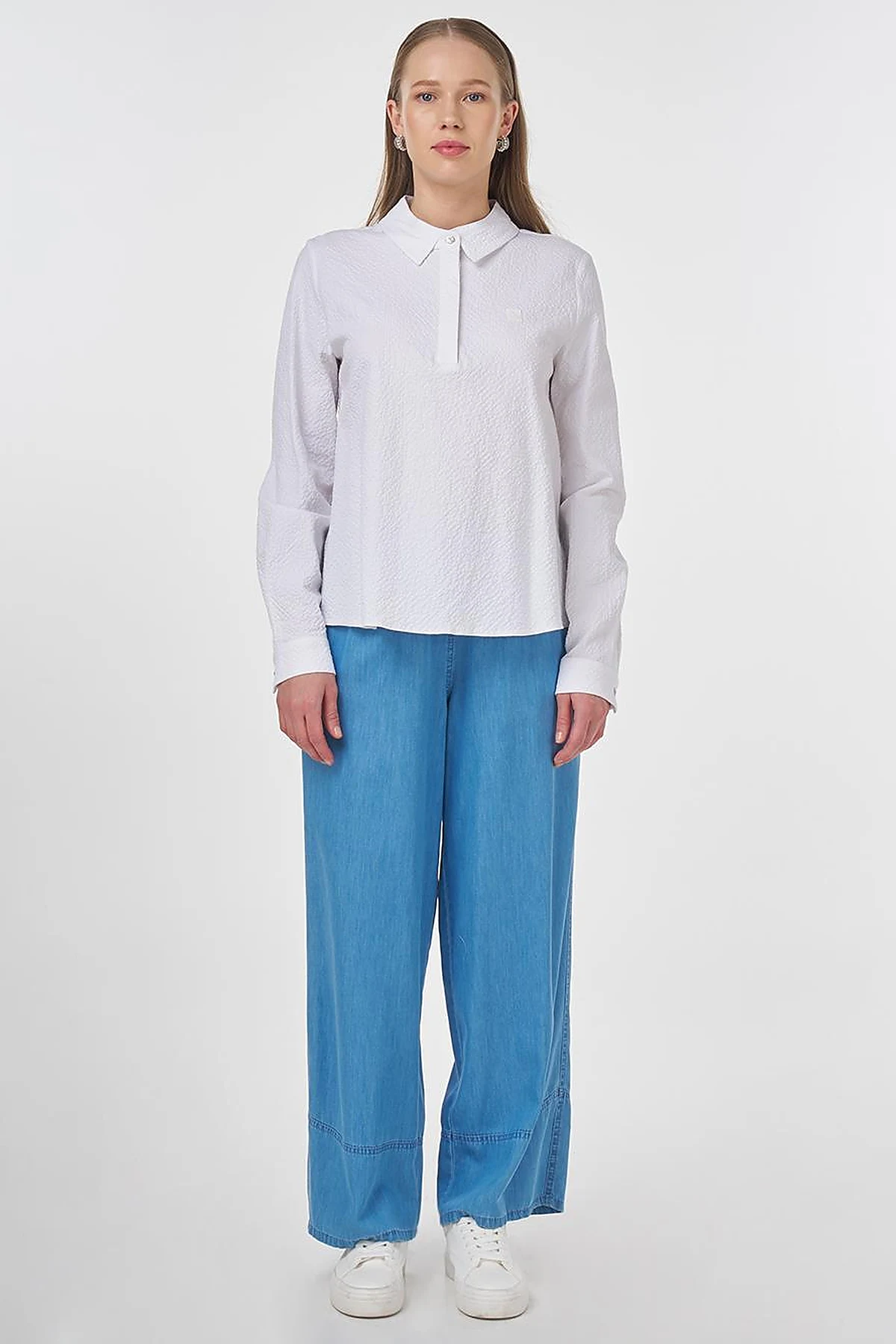 Mandarin Collar Seersucker Blouse Optic White 