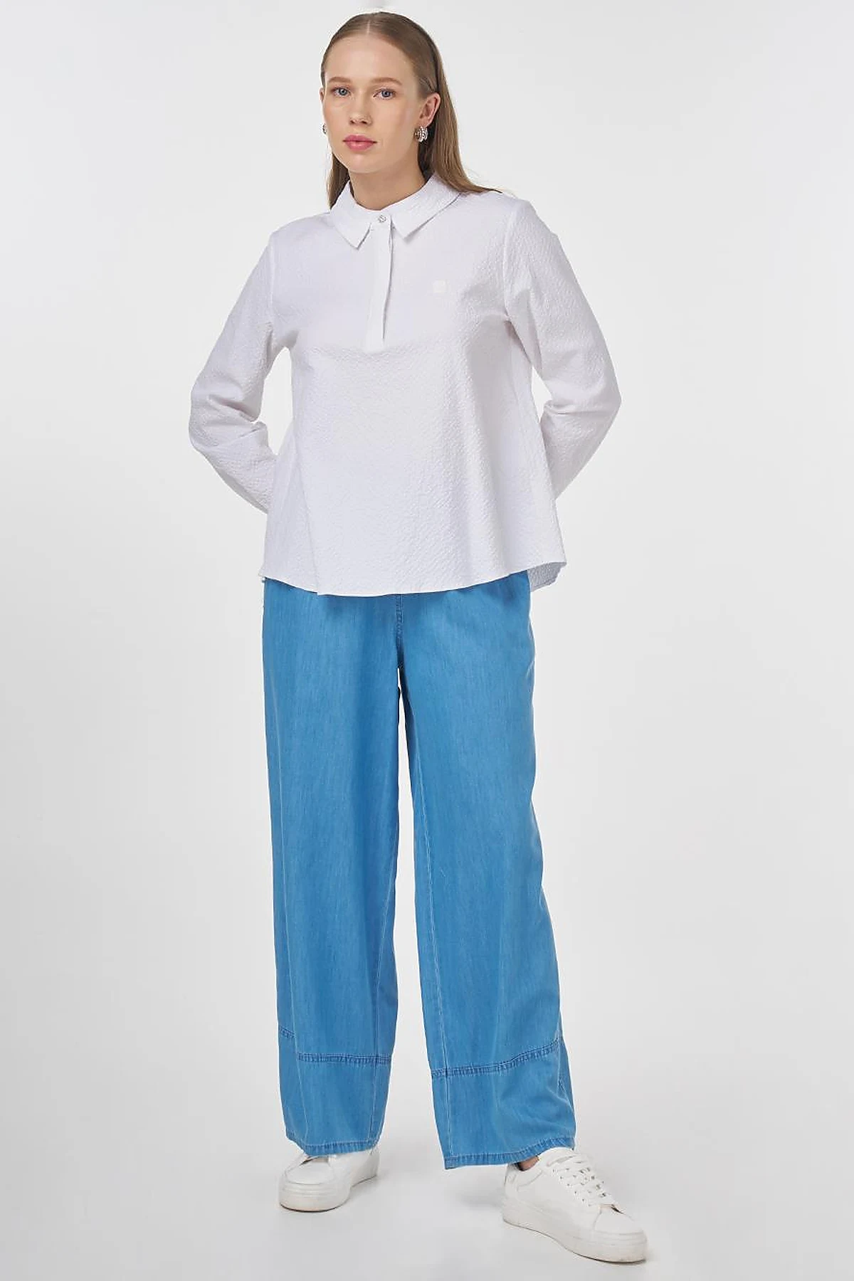 Mandarin Collar Seersucker Blouse Optic White 