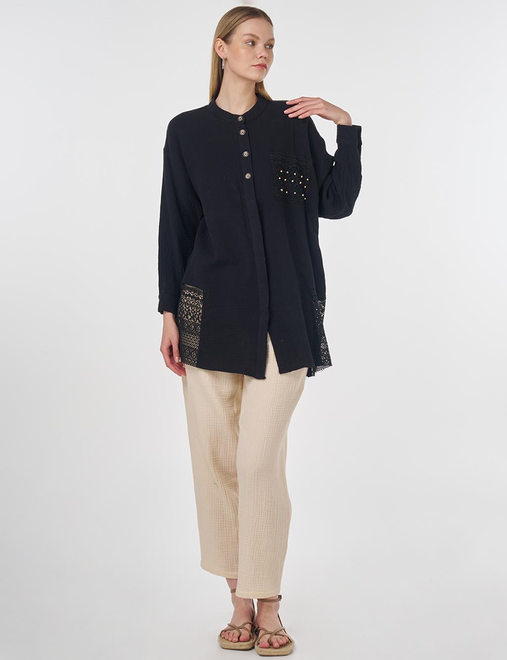 Mesh Detailed Muslin Tunic Black