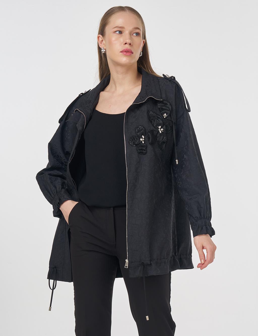 Floral Appliqué Jacquard Jacket Black 
