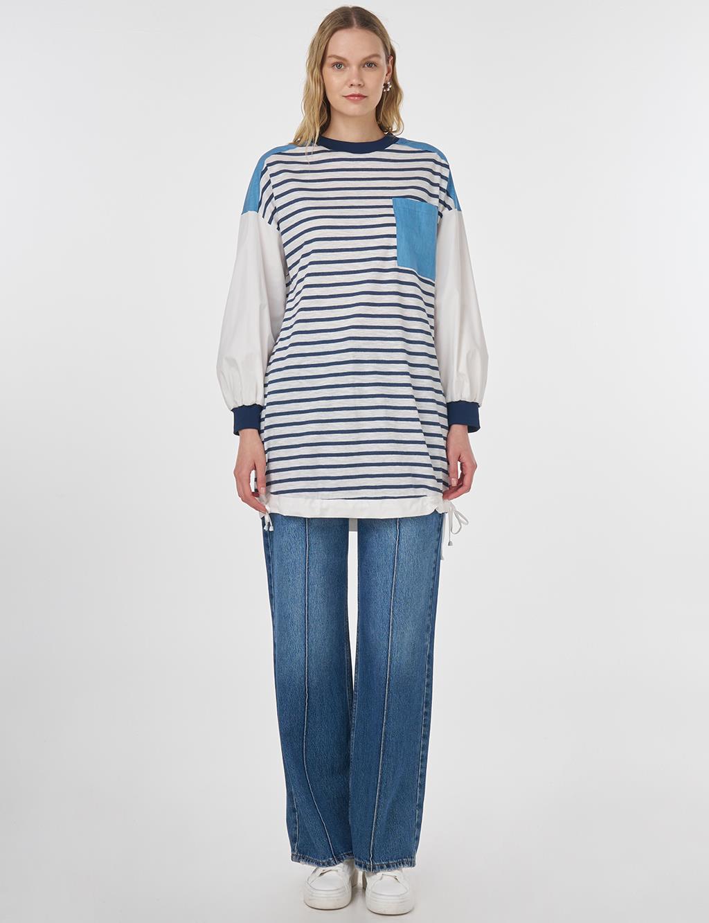 Denim-Trimmed Cotton Sweatshirt Navy Blue