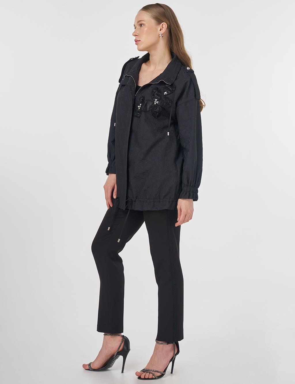 Floral Appliqué Jacquard Jacket Black 