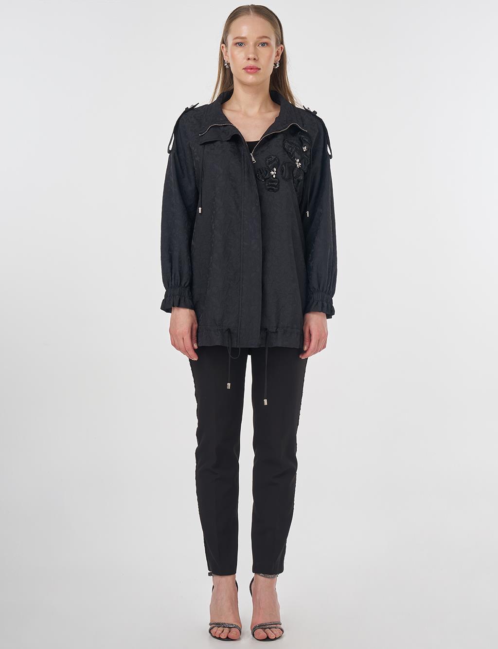 Floral Appliqué Jacquard Jacket Black 