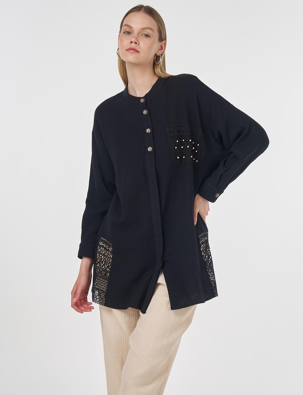 Mesh Detailed Muslin Tunic Black
