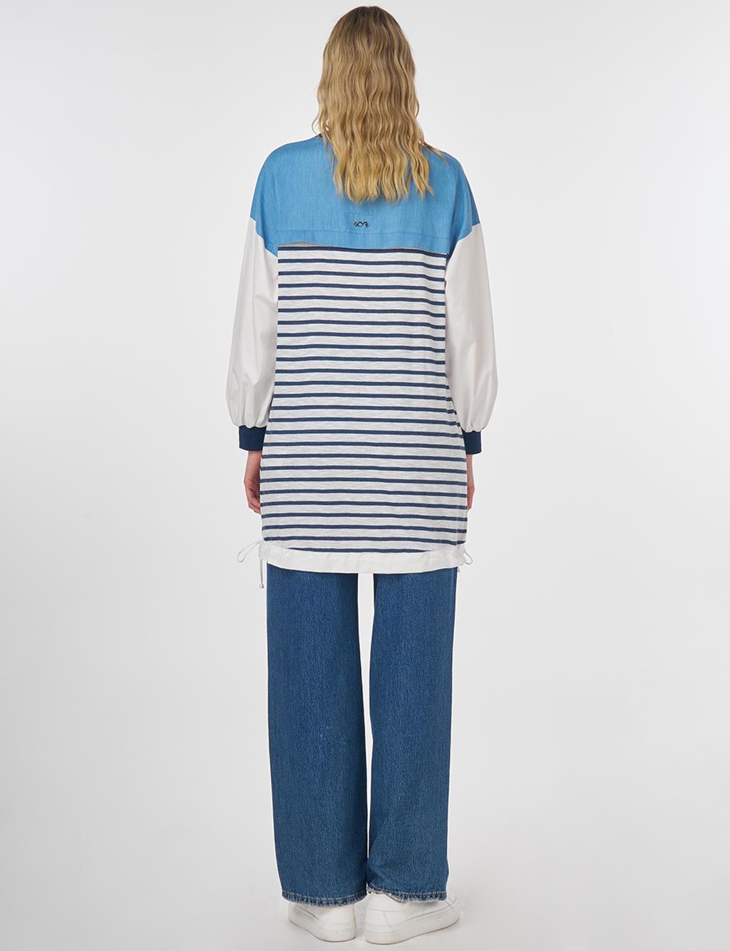 Denim-Trimmed Cotton Sweatshirt Navy Blue