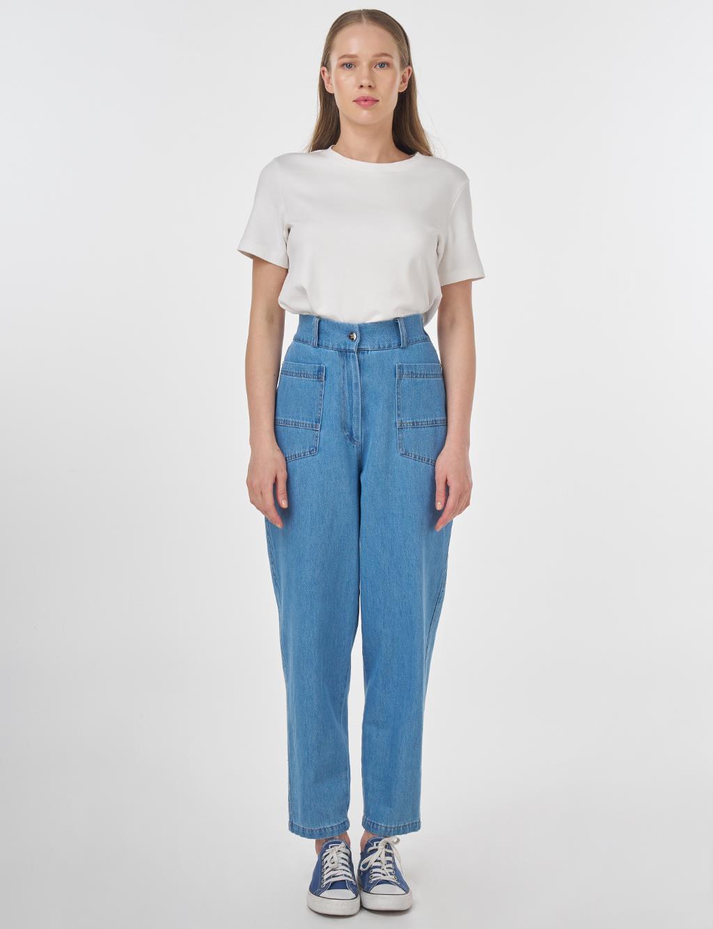 High Waist Buttoned Denim Pants Ice Blue