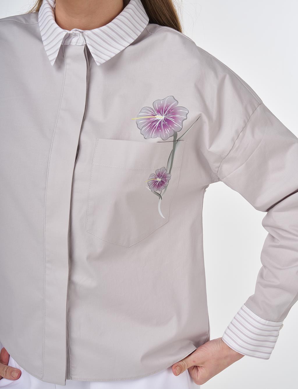 Floral Printed Cotton Blouse Light Grey