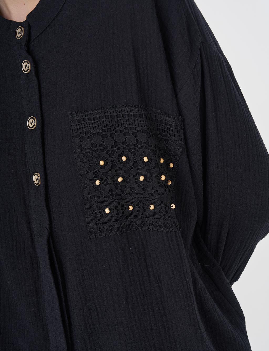 Mesh Detailed Muslin Tunic Black