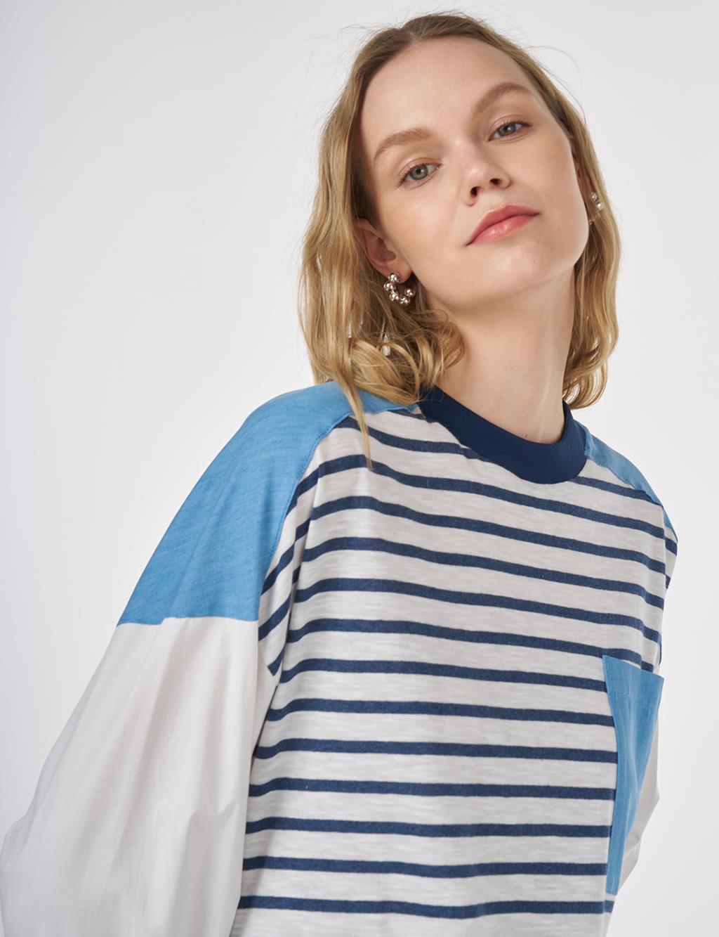 Denim-Trimmed Cotton Sweatshirt Navy Blue