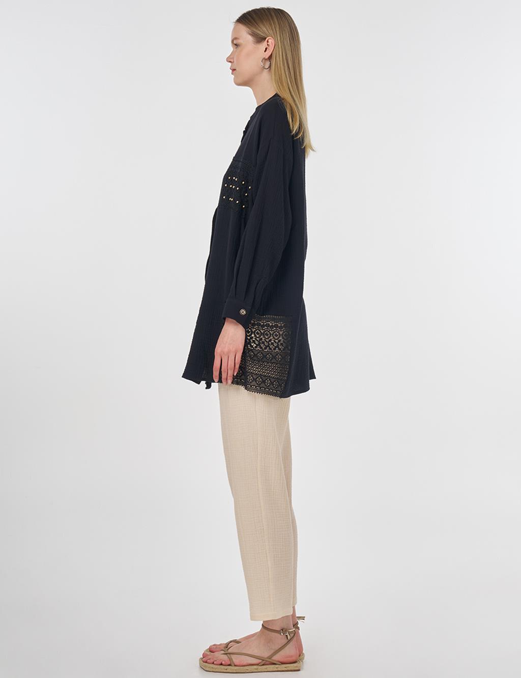 Mesh Detailed Muslin Tunic Black