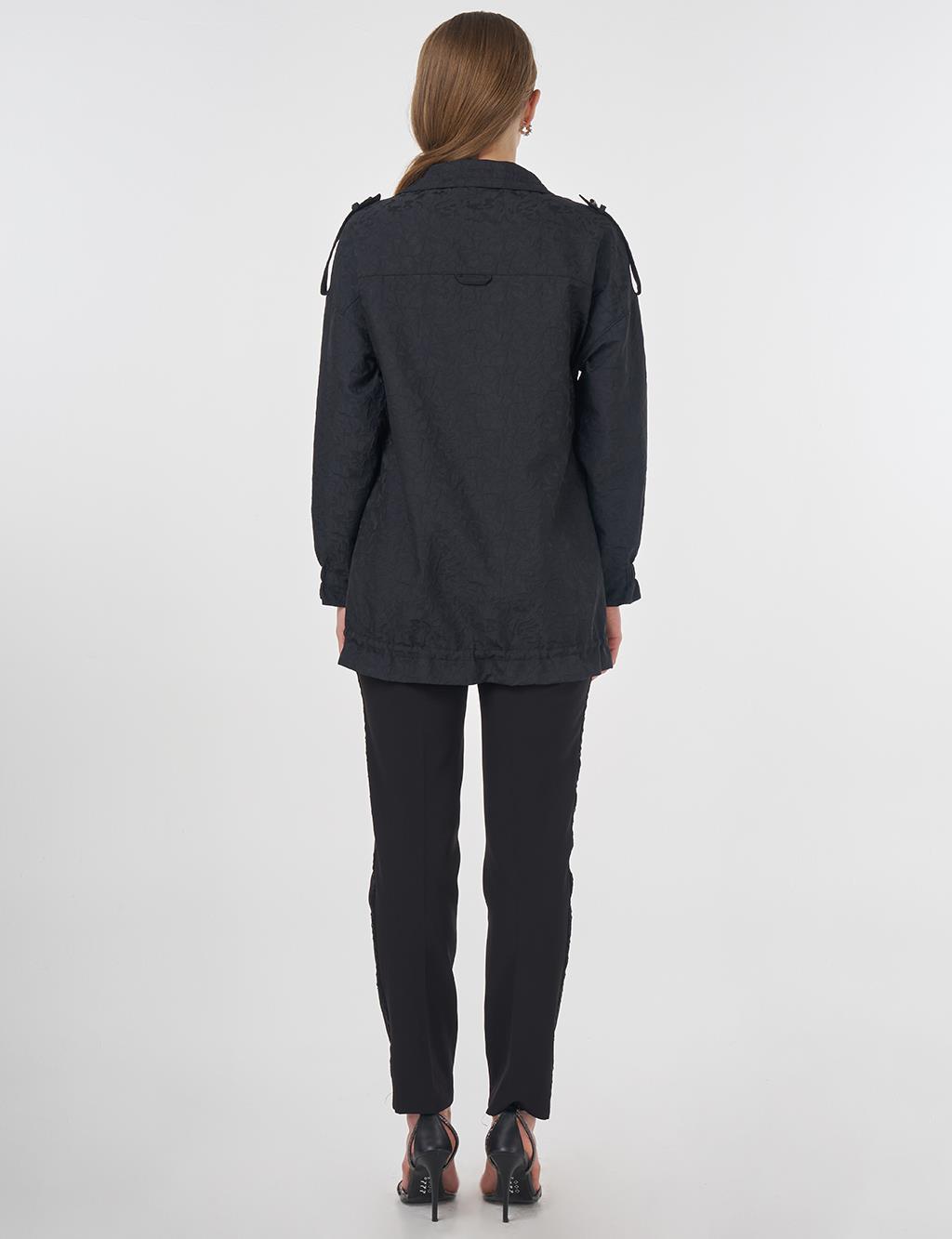 Floral Appliqué Jacquard Jacket Black 