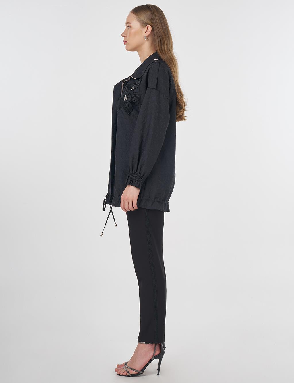 Floral Appliqué Jacquard Jacket Black 