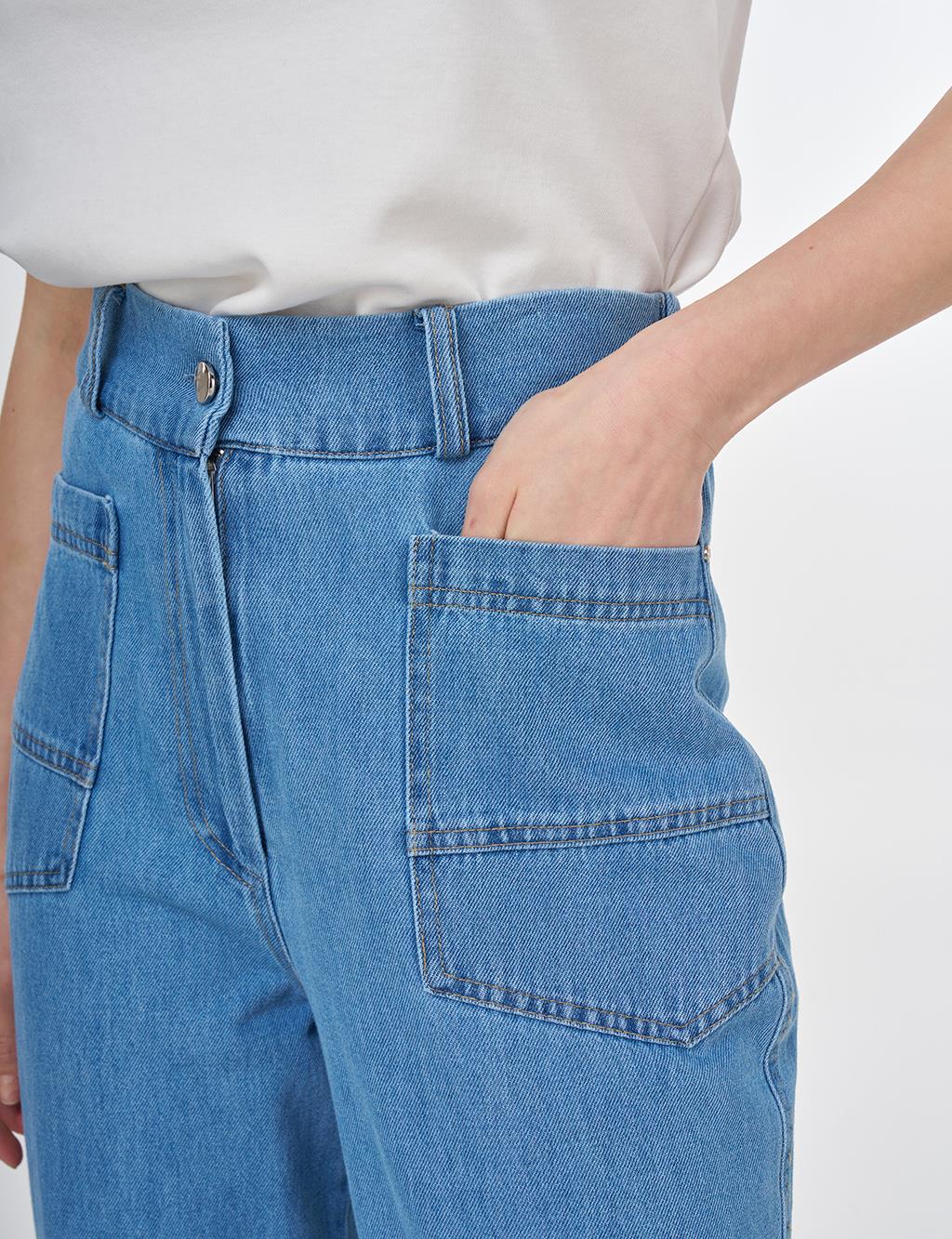 High Waist Buttoned Denim Pants Ice Blue