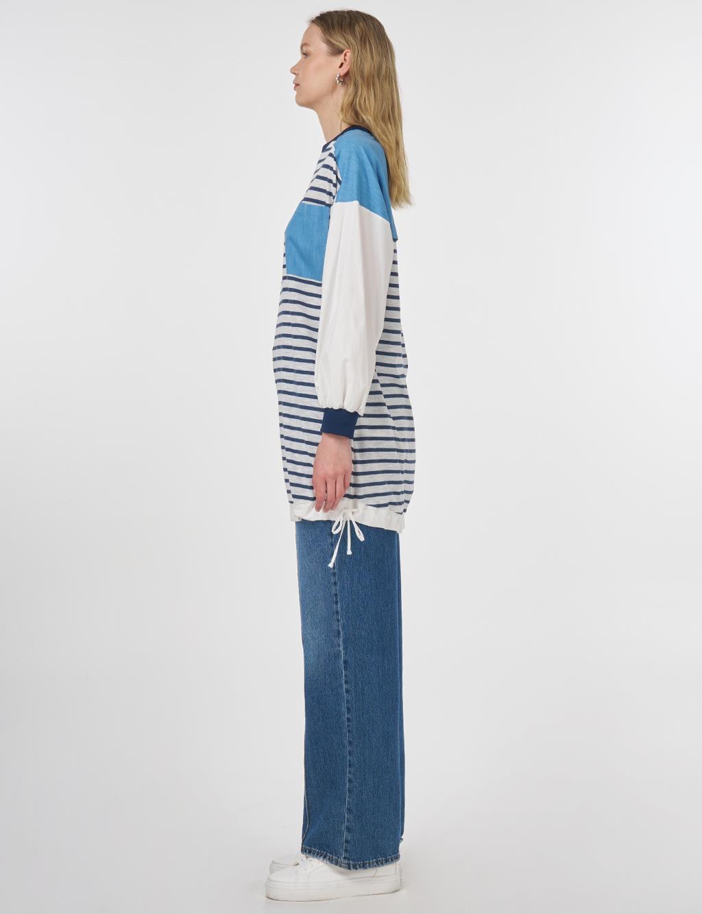 Denim-Trimmed Cotton Sweatshirt Navy Blue
