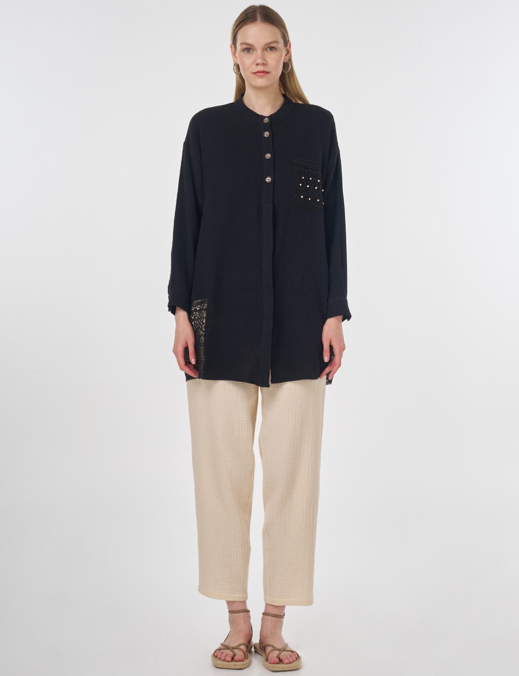 Mesh Detailed Muslin Tunic Black