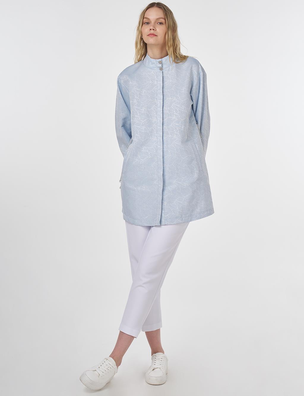 Stand Collar Jacquard Tunic Ice Blue