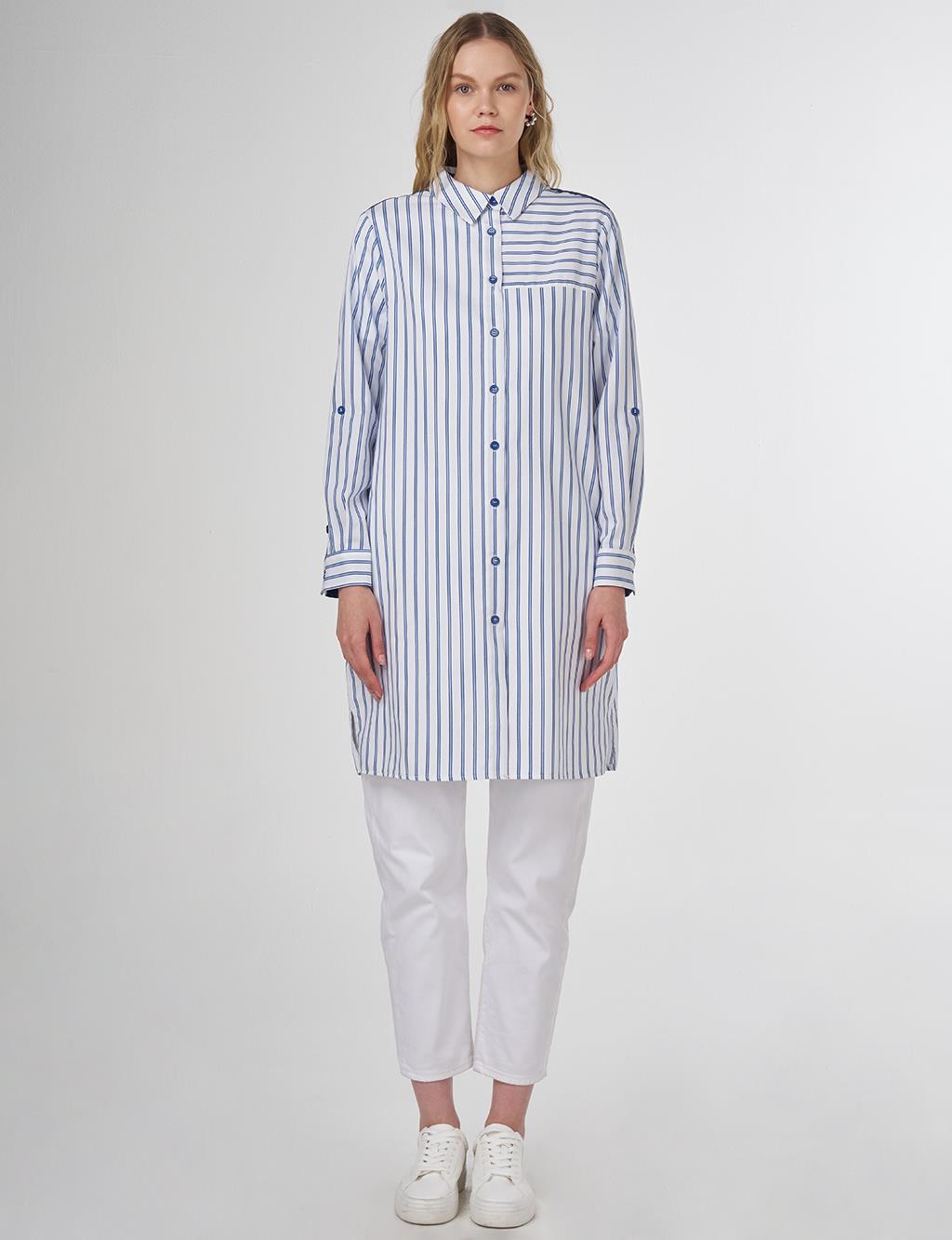 Striped Pattern Cotton Tunic Indigo