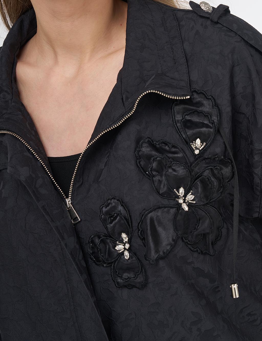 Floral Appliqué Jacquard Jacket Black 