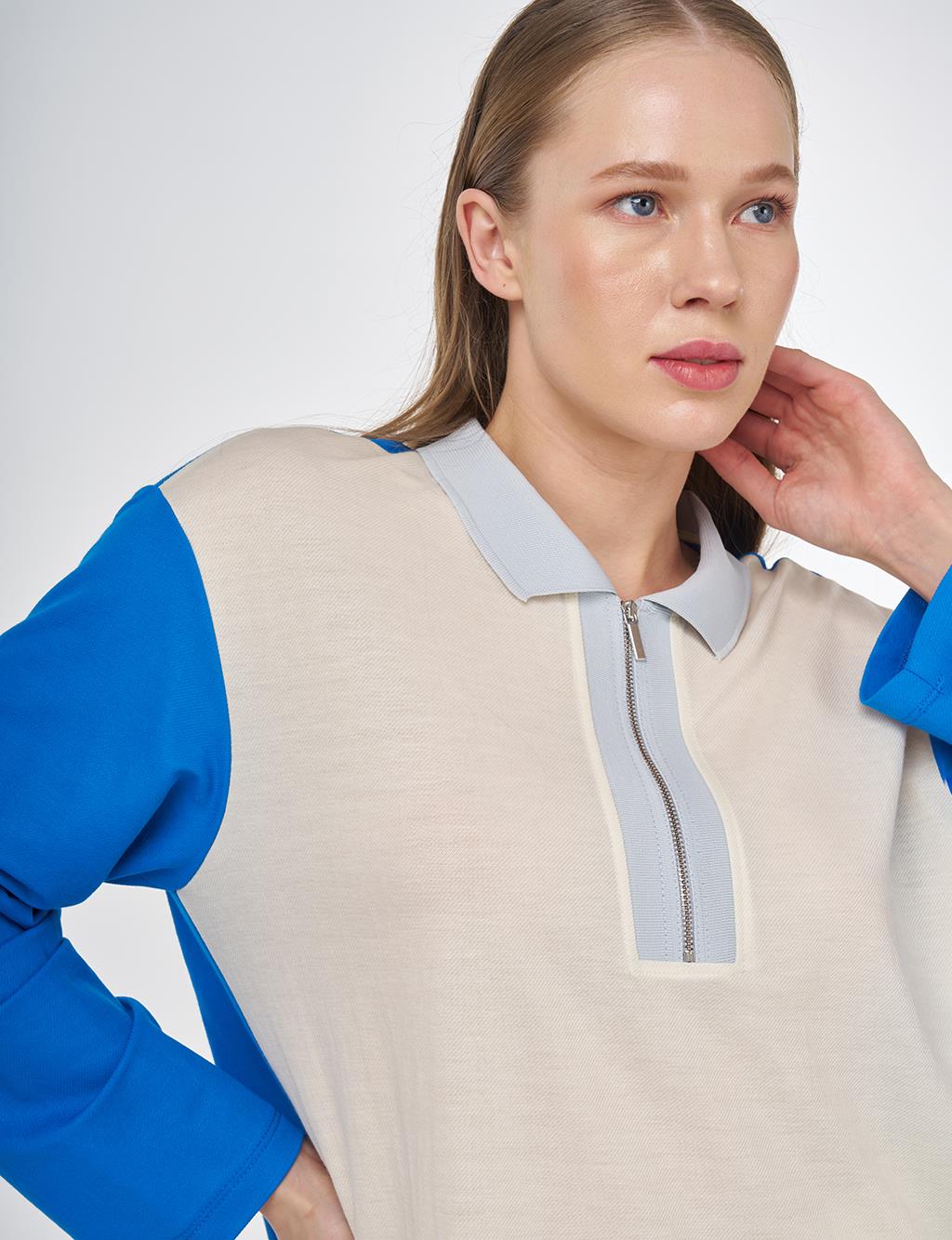 Polo Collar Rayon Sweatshirt Cobalt Blue