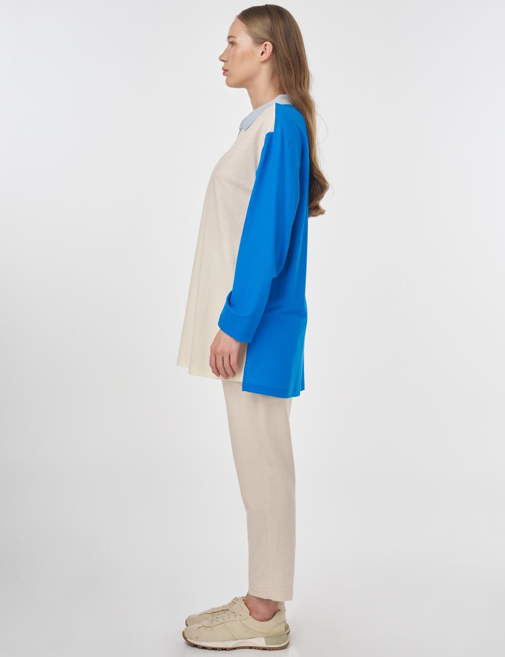Polo Collar Rayon Sweatshirt Cobalt Blue