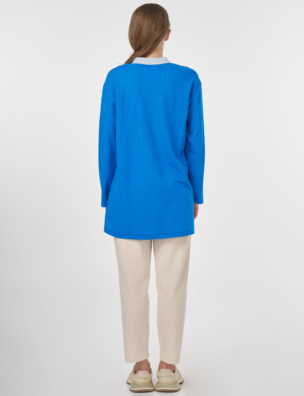 Polo Collar Rayon Sweatshirt Cobalt Blue