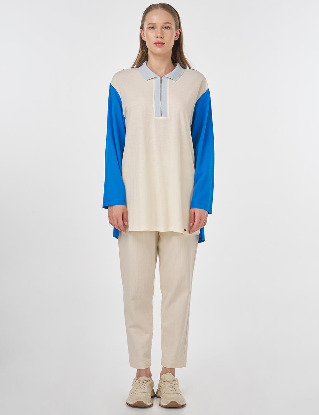 Polo Collar Rayon Sweatshirt Cobalt Blue