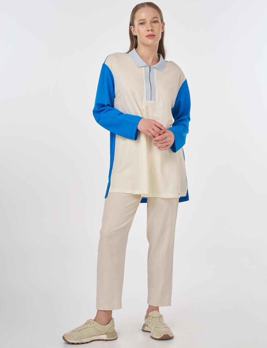 Polo Collar Rayon Sweatshirt Cobalt Blue