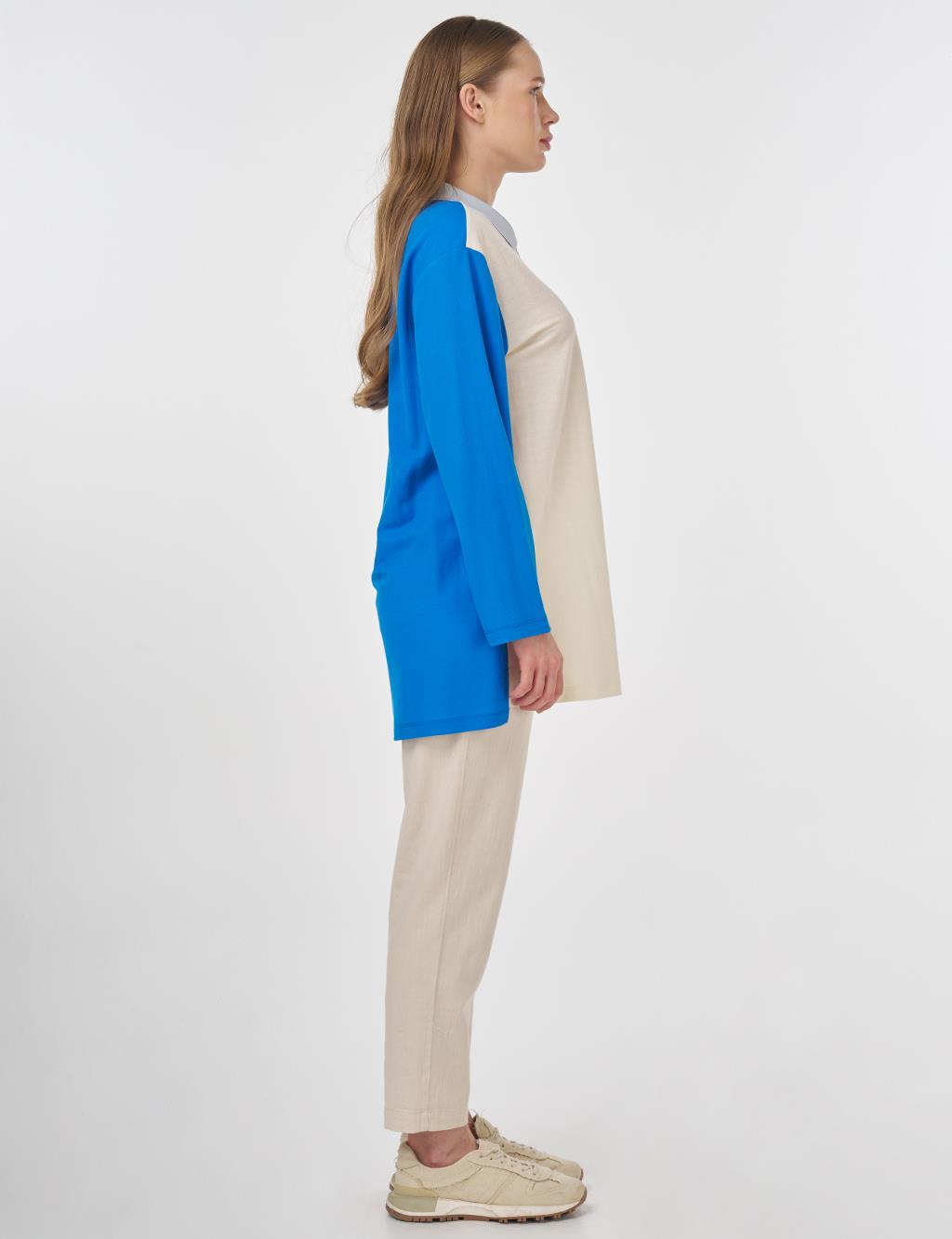 Polo Collar Rayon Sweatshirt Cobalt Blue