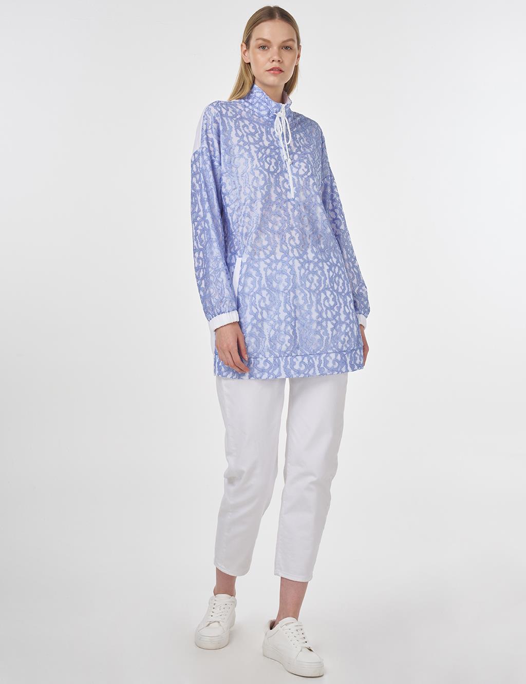 High Neck Lace Sweatshirt Sky Blue
