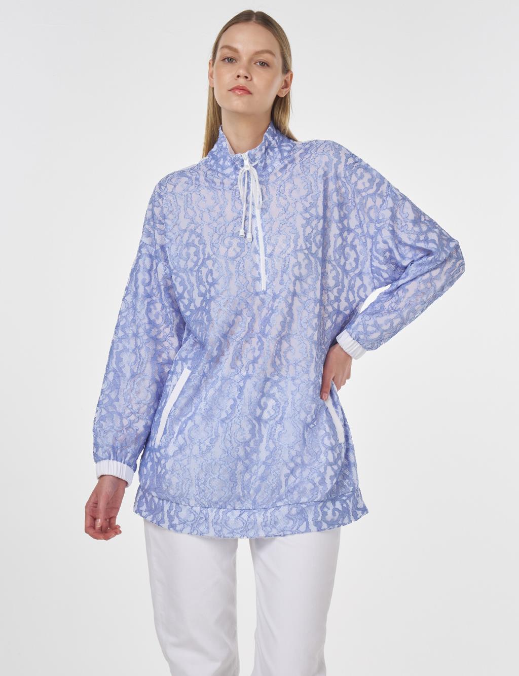 High Neck Lace Sweatshirt Sky Blue