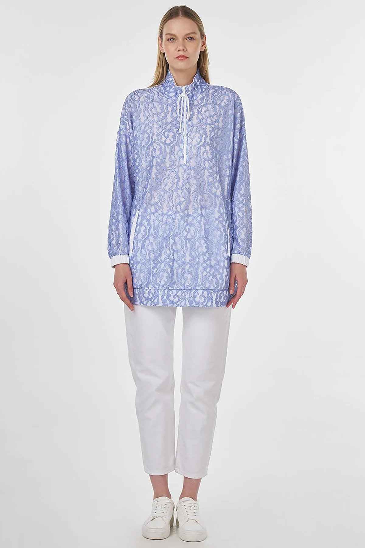 High Neck Lace Sweatshirt Sky Blue