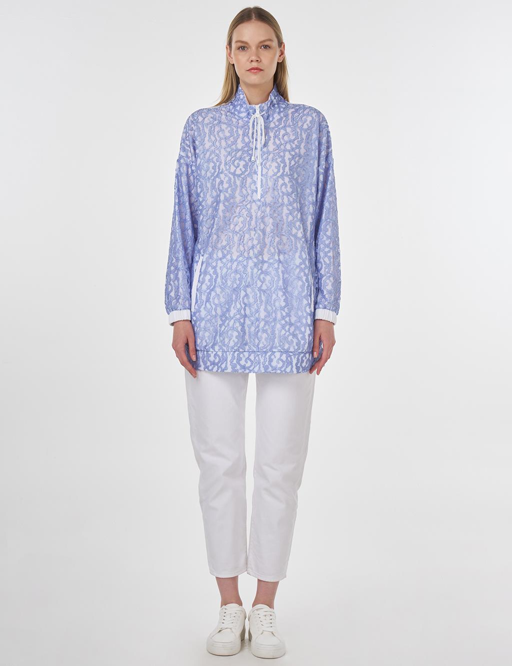 High Neck Lace Sweatshirt Sky Blue