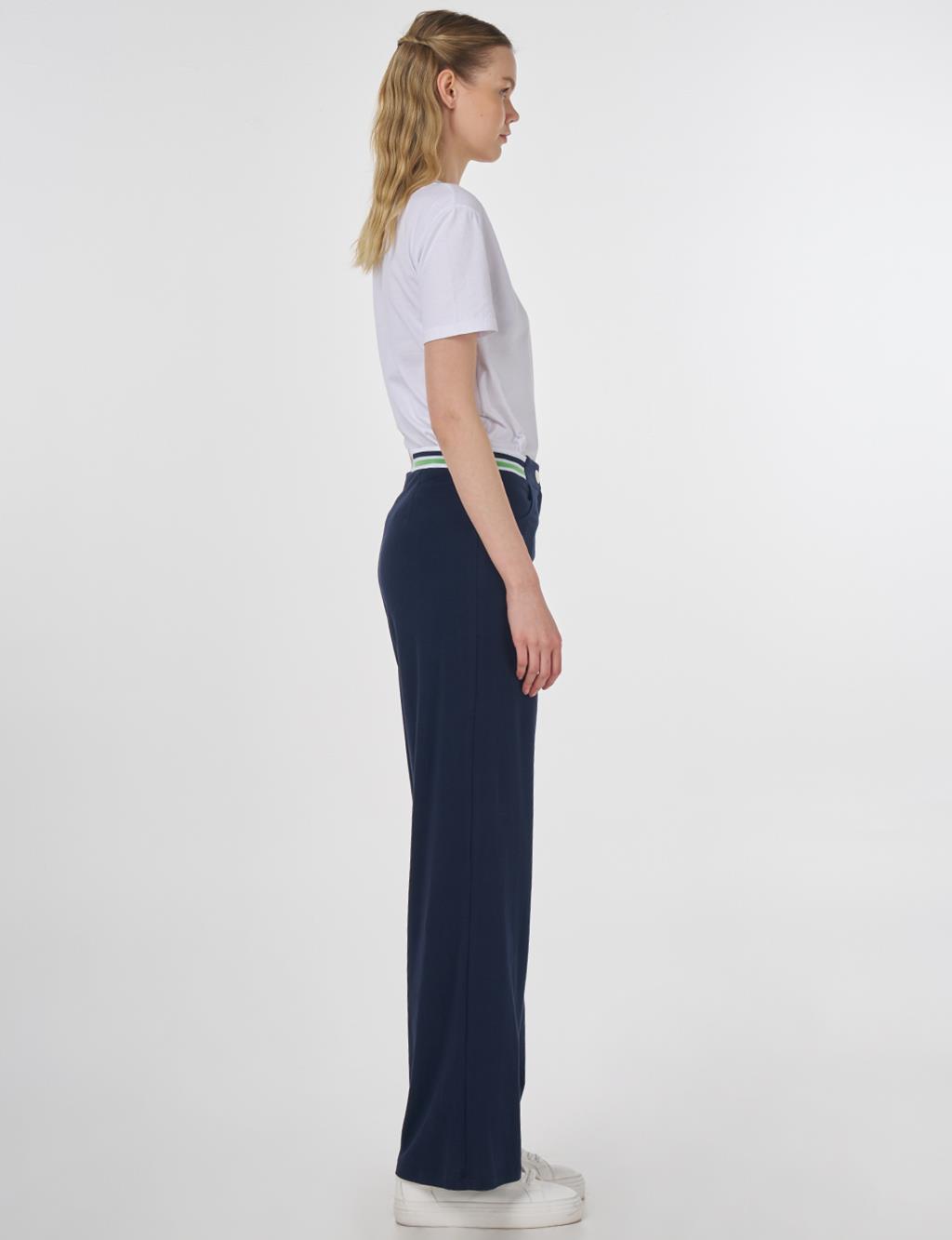 Ribanalı Wide Leg Pantolon Koyu Lacivert