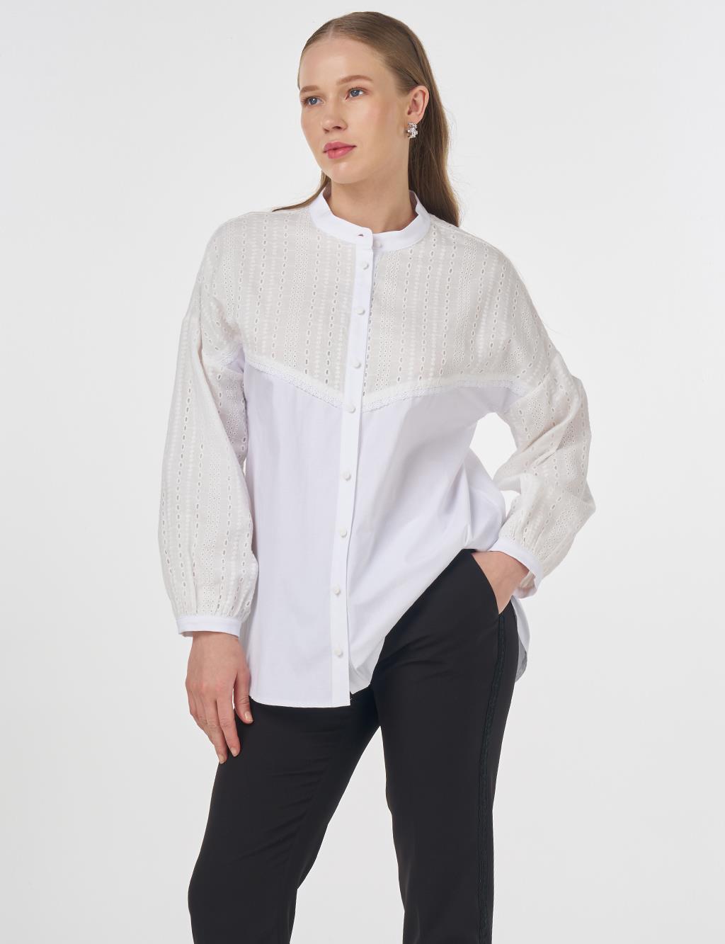 Mandarin Collar Cotton Tunic in Optical White