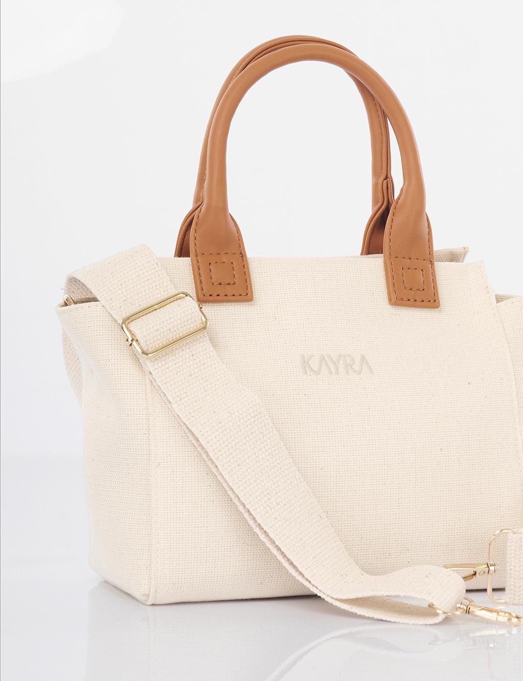 Medium Canvas Bag with Leather Garnish Beige-Camel